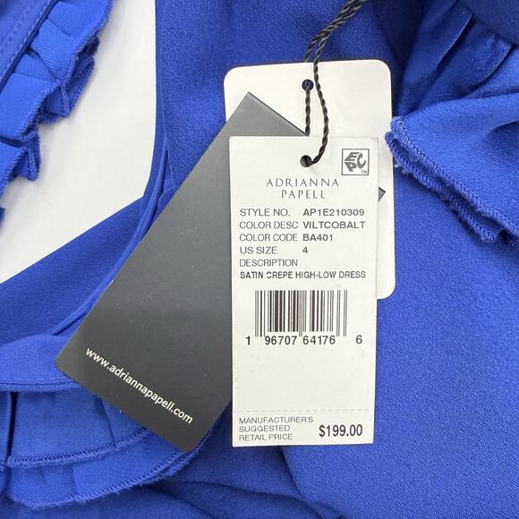 Adrianna Papell Bluebsatin Crepe High Low Dress 4 Ruffle Sleeve Cocktail Party - Picture 7 of 10